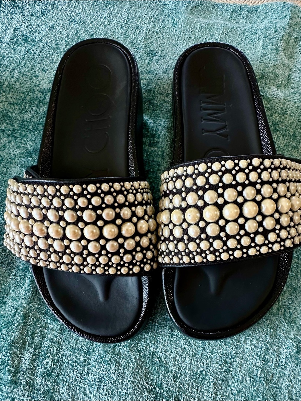 Jimmy Choo Black Slides with Pearl Stud Embellishments - Picture 3 of 11